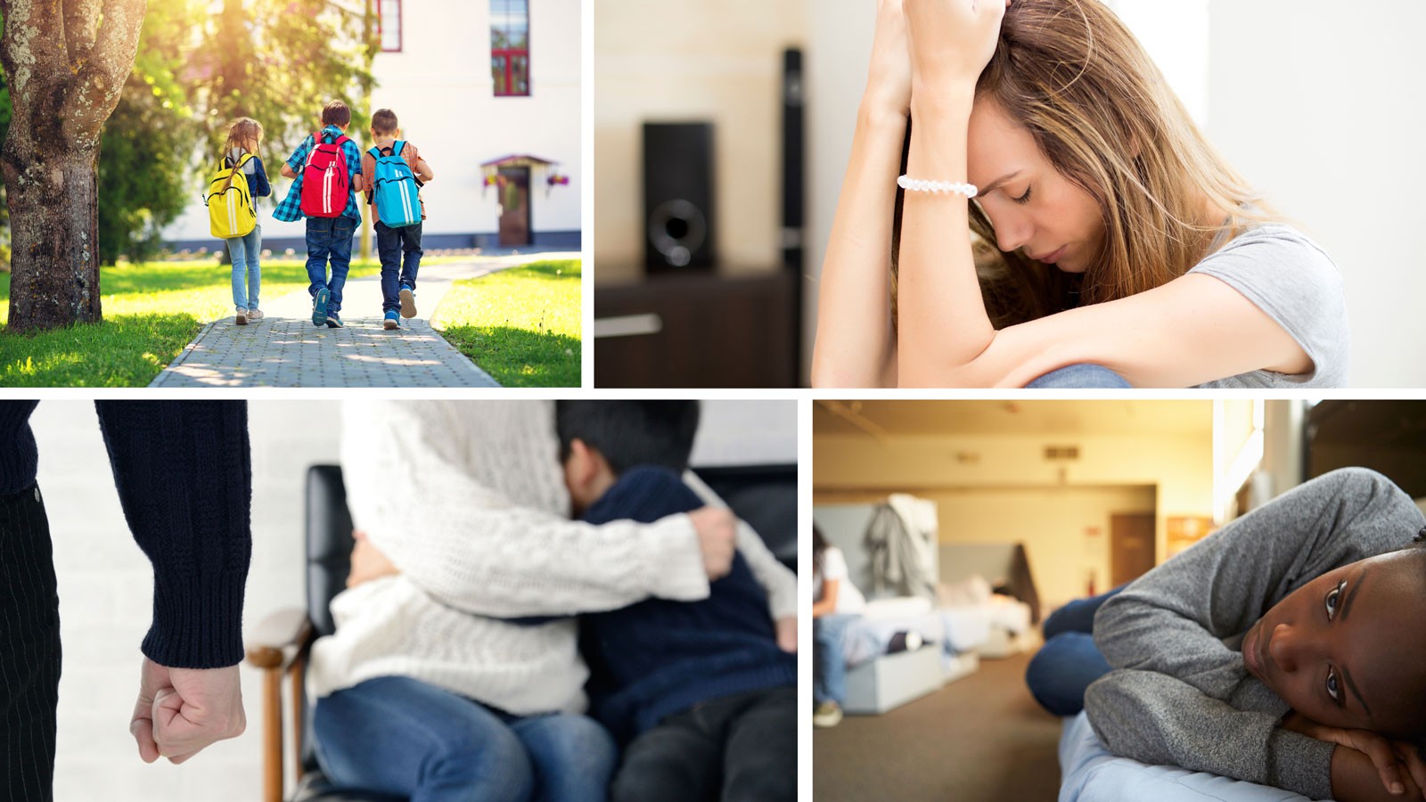 A collage of photos showing women and children in safe and unsafe situations.