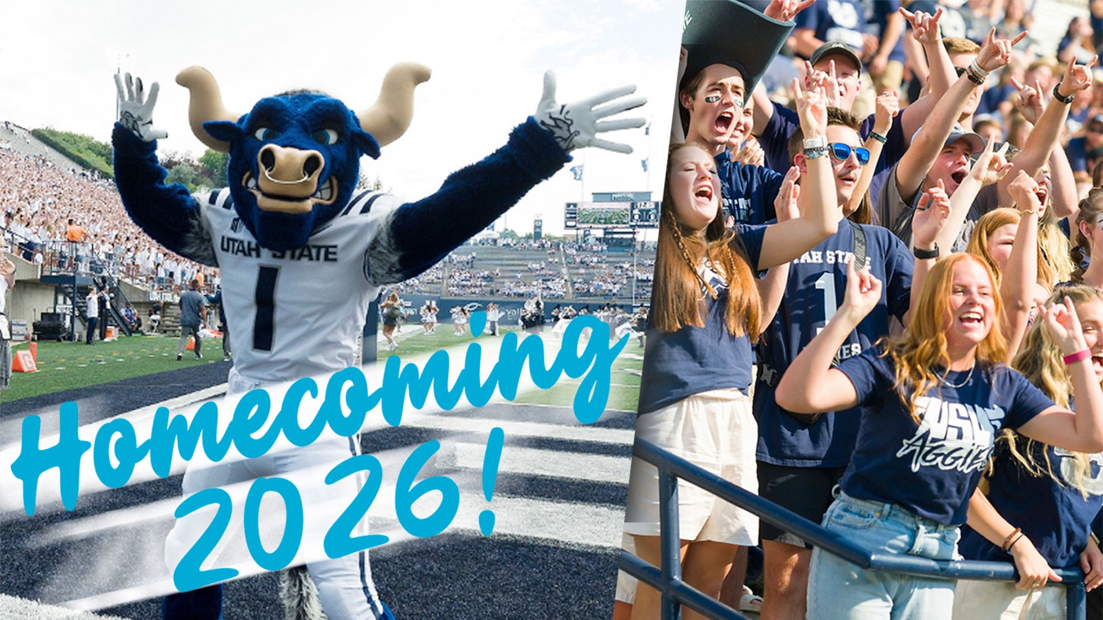 Side-by-side photos of the Big Blue mascot and a cheering crowd. Text reads: Homecoming 2026.