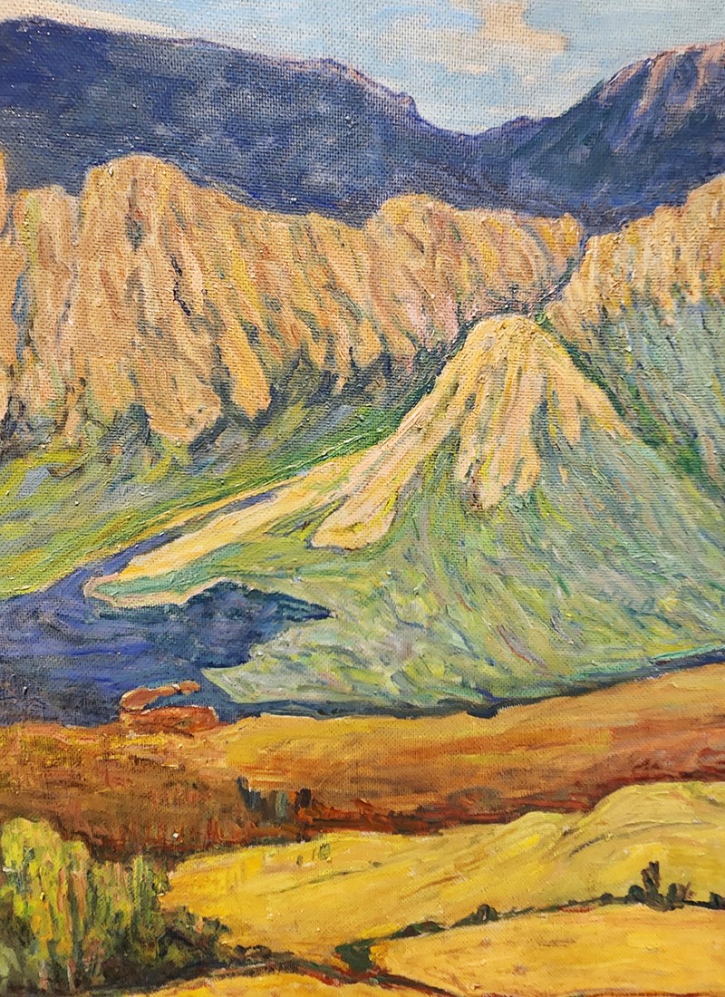 A painting of a mountain landscape.