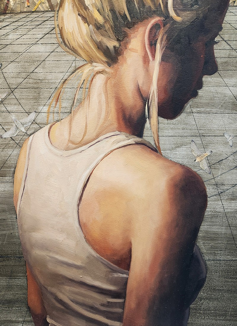 A painting of a woman facing away and to the right.