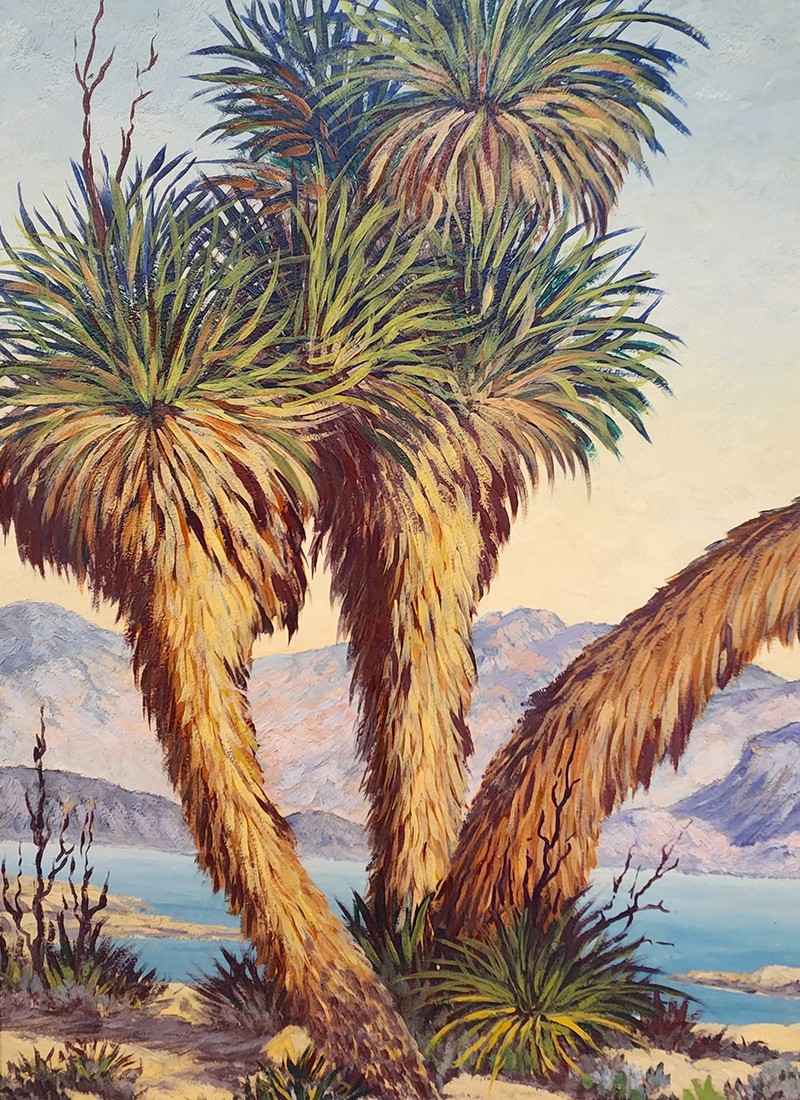 A painting of palm trees by a mountain lake.