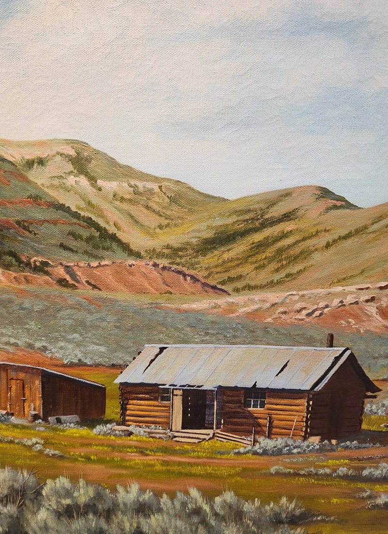 A painting of a log cabin situated just below a mountain in summer.