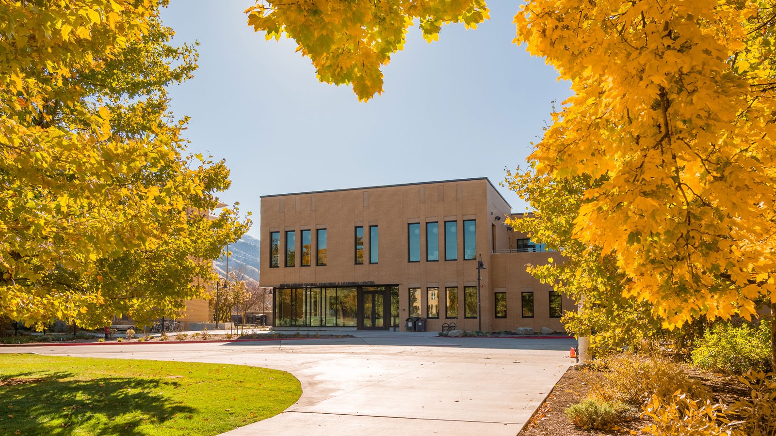 A building surrounded by yellow fall leaves.
