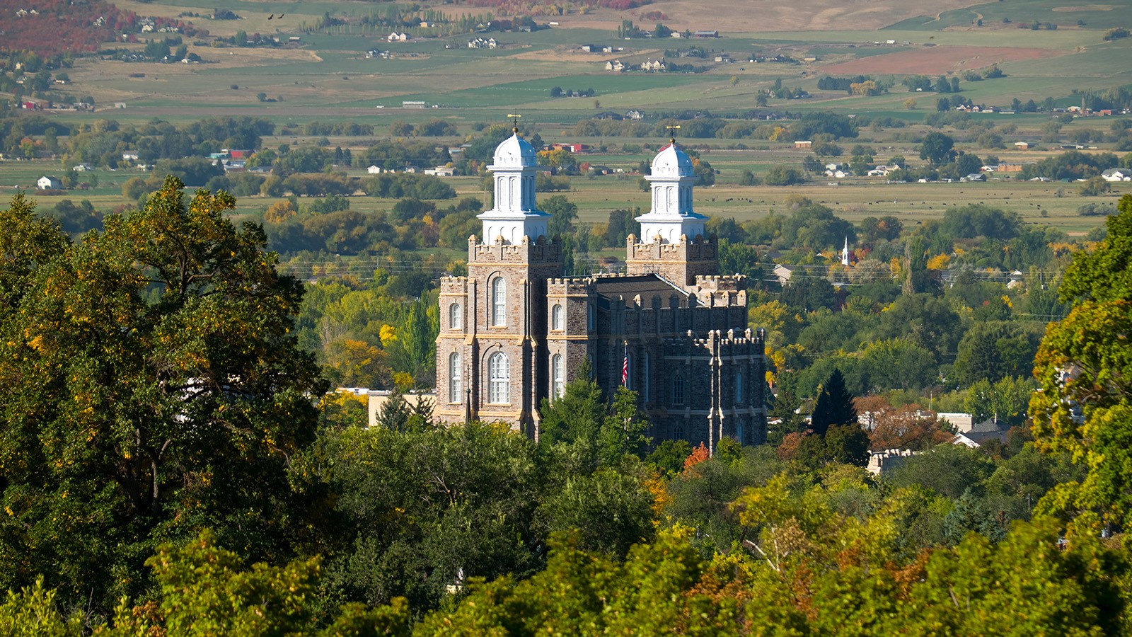 Logan Temple visible from USU campus