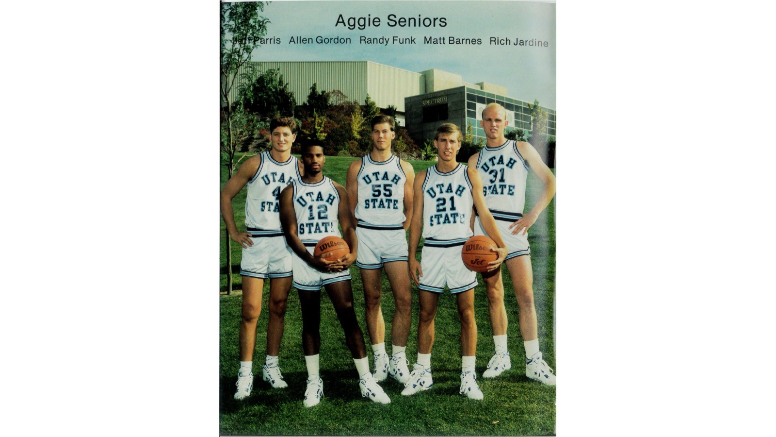 Seniors from 90-91 Aggie Basketball team pose for photo