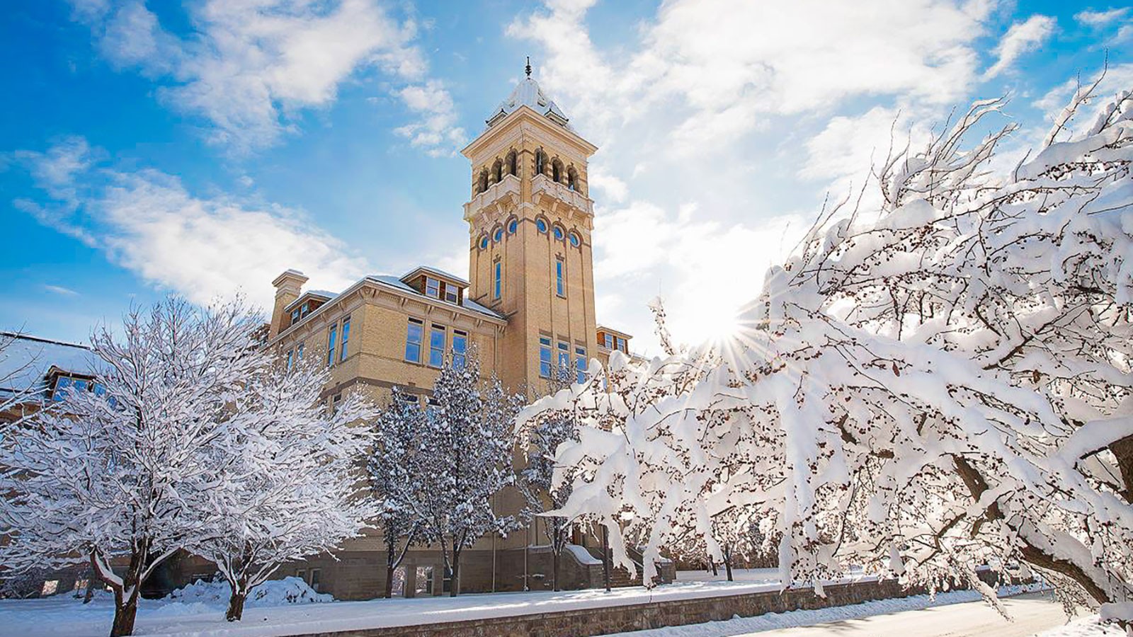 Old Main is seen through snow-covered trees.
