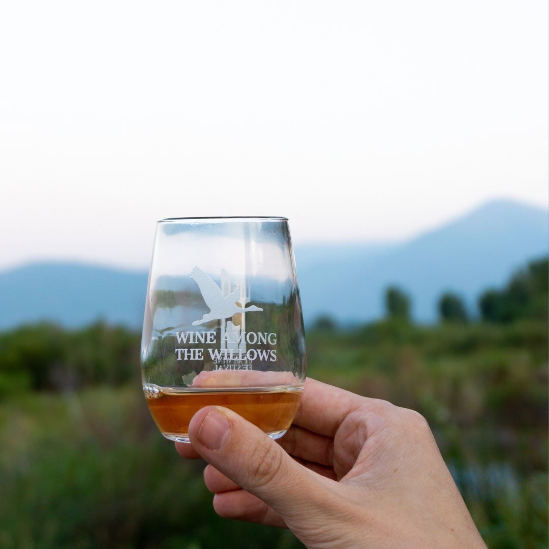A hand holding up a wineglass with the Wine Among the Willows Logo.