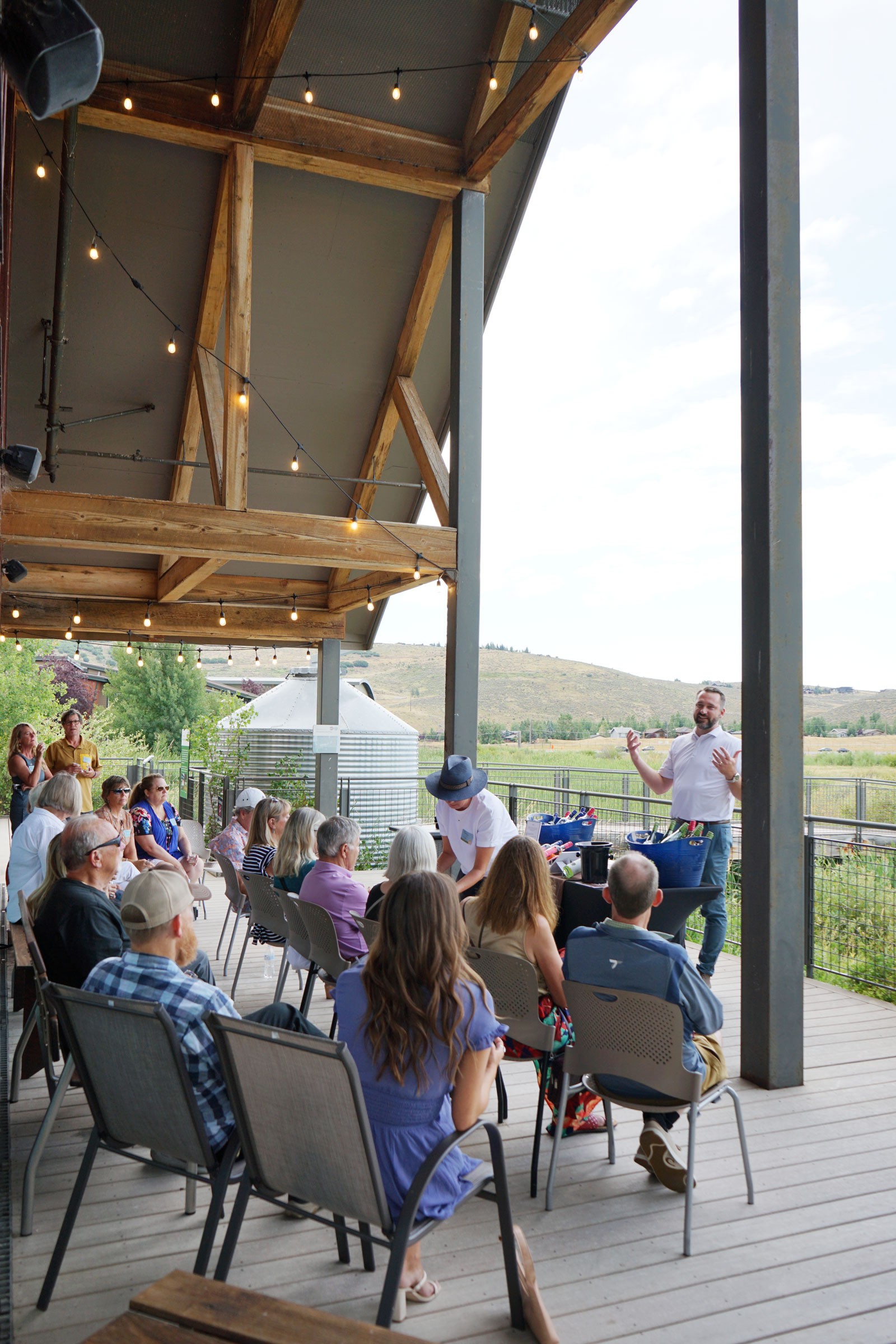A wine tasting station on the back deck of the Swaner EcoCenter.
