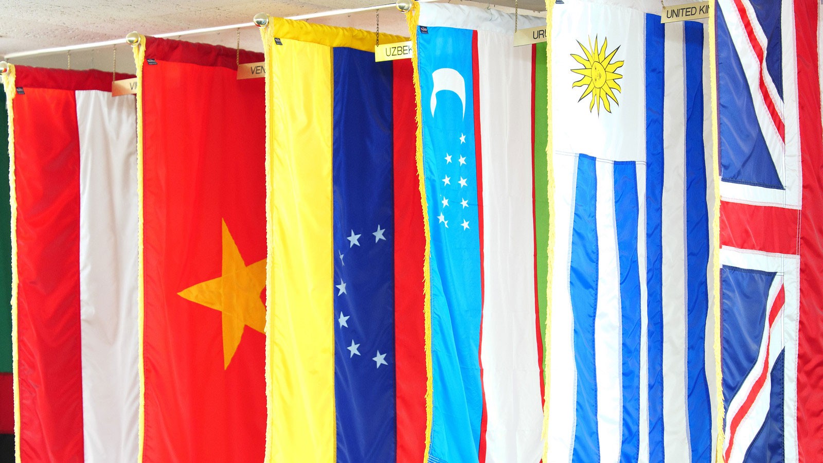 International flag's in USU's International Lounge.