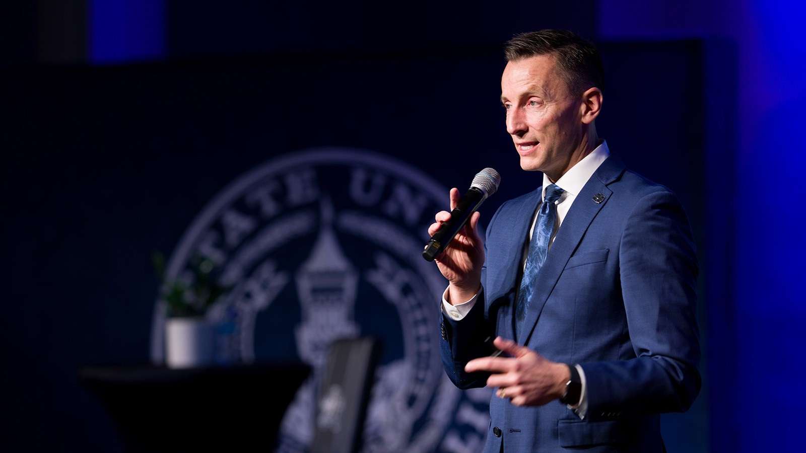 USU President Brad Mortensen speaks at town hall