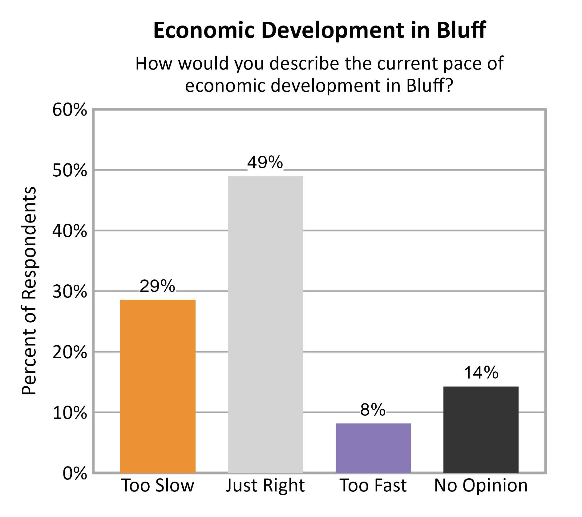Bar Chart. Title: Economic Development in Bluff. Subtitle: How would you describe the current pace of economic development in Bluff? Data — Too Slow: 29% of respondents; Just Right: 49% of respondents; Too Fast: 8% of respondents; No Opinion: 14% of respondents