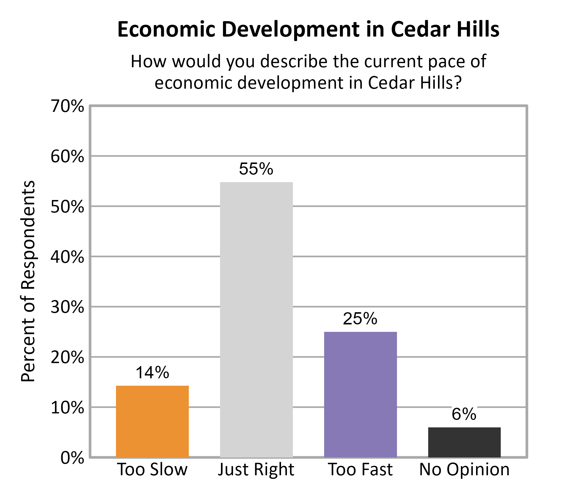 Bar Chart. Title: Economic Development in Cedar Hills. Subtitle: How would you describe the current pace of economic development in Cedar Hills? Data — Too Slow: 14% of respondents; Just Right: 55% of respondents; Too Fast: 25% of respondents; No Opinion: 6% of respondents