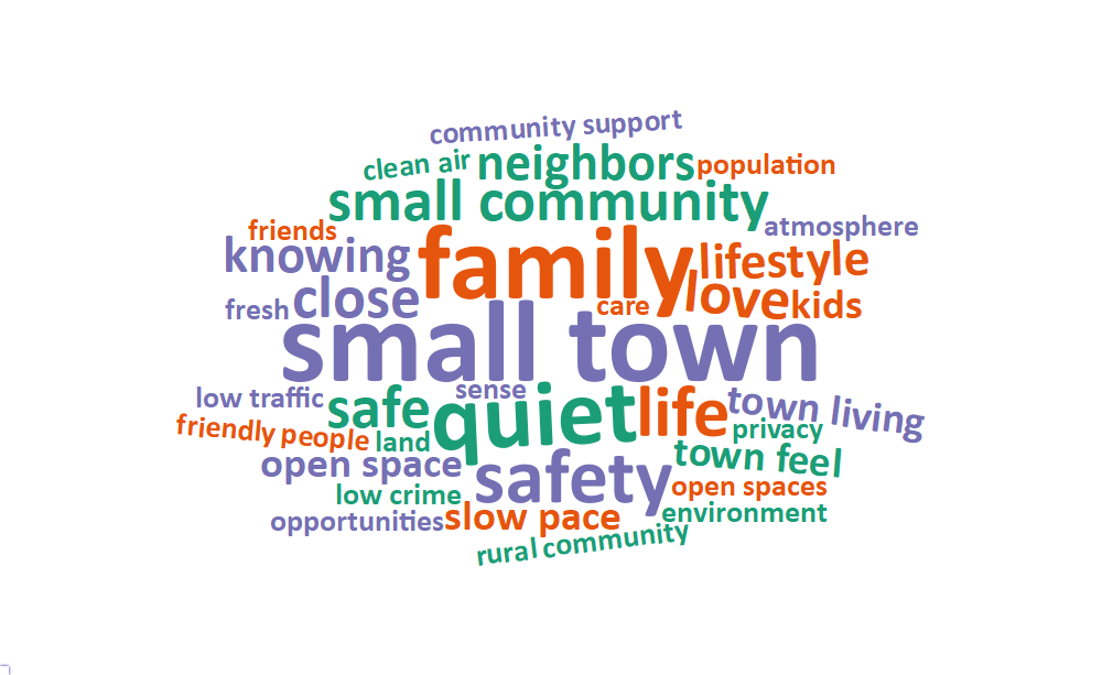 A word cloud of some of the most popular words and phrases about what people value living in Delta includes: small town, family, quiet, safety, life, small community, close, love, safe, knowing, lifestyle, and neighbors.