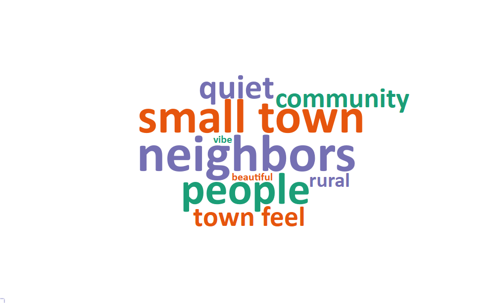 A word cloud of some of the most popular words and phrases about what people value living in Enoch includes: neighbors, small town, people, quiet, town feel, community, rural, beautiful, and vibe.