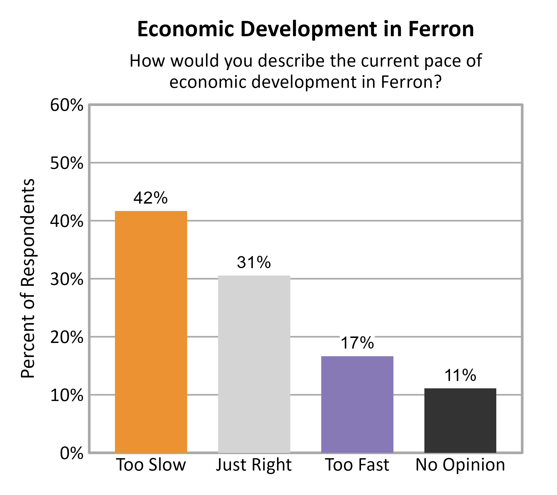 Bar Chart. Title: Economic Development in Ferron. Subtitle: How would you describe the current pace of economic development in Ferron? Data — Too Slow: 42% of respondents; Just Right: 31% of respondents; Too Fast: 17% of respondents; No Opinion: 11% of respondents