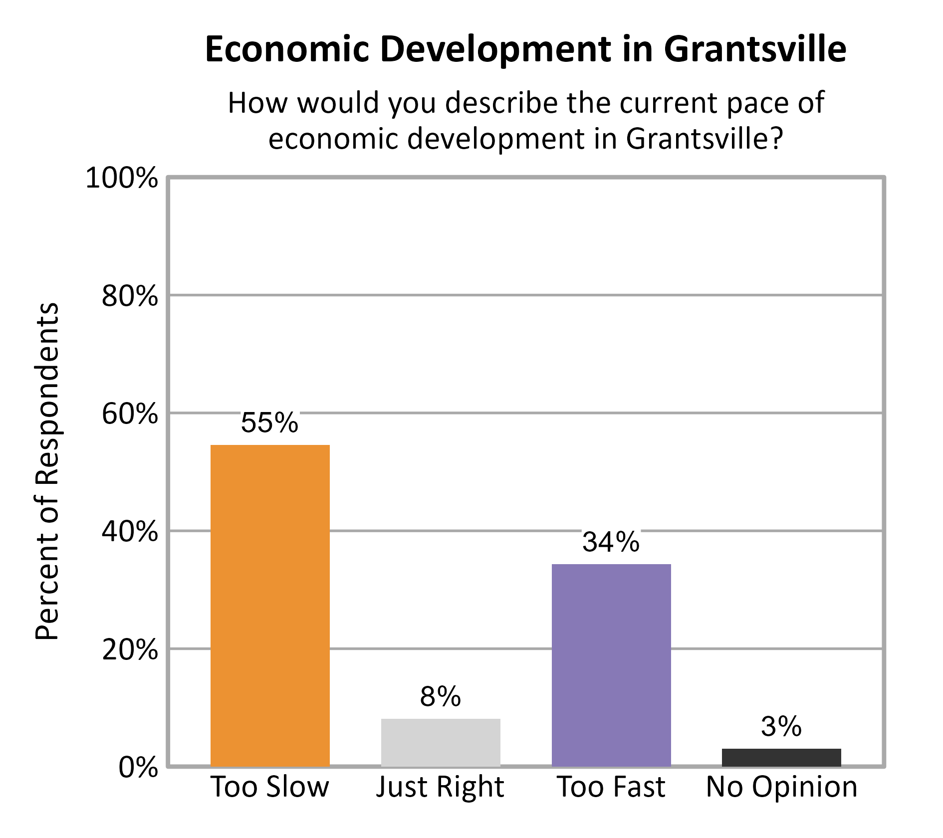 Bar Chart. Title: Economic Development in Grantsville. Subtitle: How would you describe the current pace of economic development in Grantsville? Data — Too Slow: 55% of respondents; Just Right: 8% of respondents; Too Fast: 34% of respondents; No Opinion: 3% of respondents