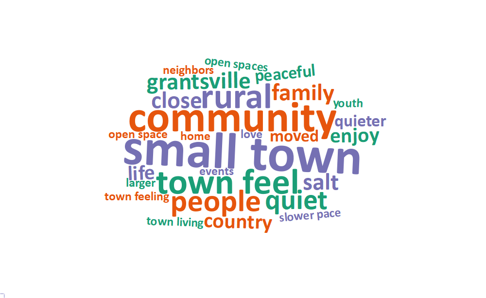 A word cloud of some of the most popular words and phrases about what people value living in Grantsville includes: small town, community, town feel, rural, people, quiet, close, family, grantsville, and salt.