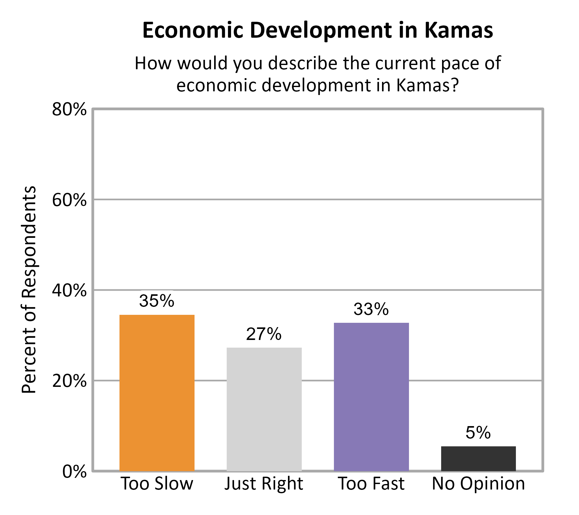 Bar Chart. Title: Economic Development in Kamas. Subtitle: How would you describe the current pace of economic development in Kamas? Data — Too Slow: 35% of respondents; Just Right: 27% of respondents; Too Fast: 33% of respondents; No Opinion: 5% of respondents