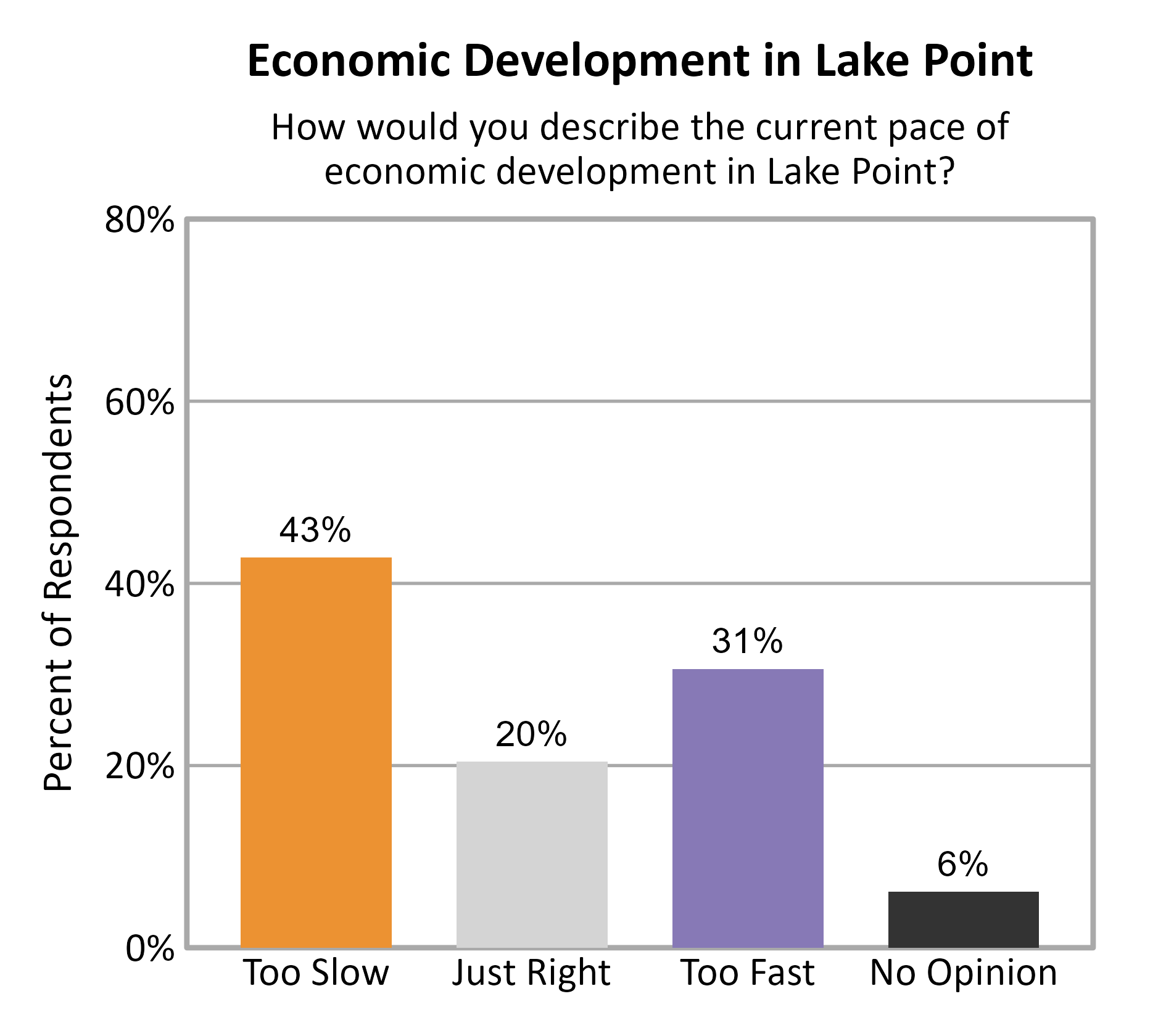 Bar Chart. Title: Economic Development in Lake Point. Subtitle: How would you describe the current pace of economic development in Lake Point? Data — Too Slow: 43% of respondents; Just Right: 20% of respondents; Too Fast: 31% of respondents; No Opinion: 6% of respondents