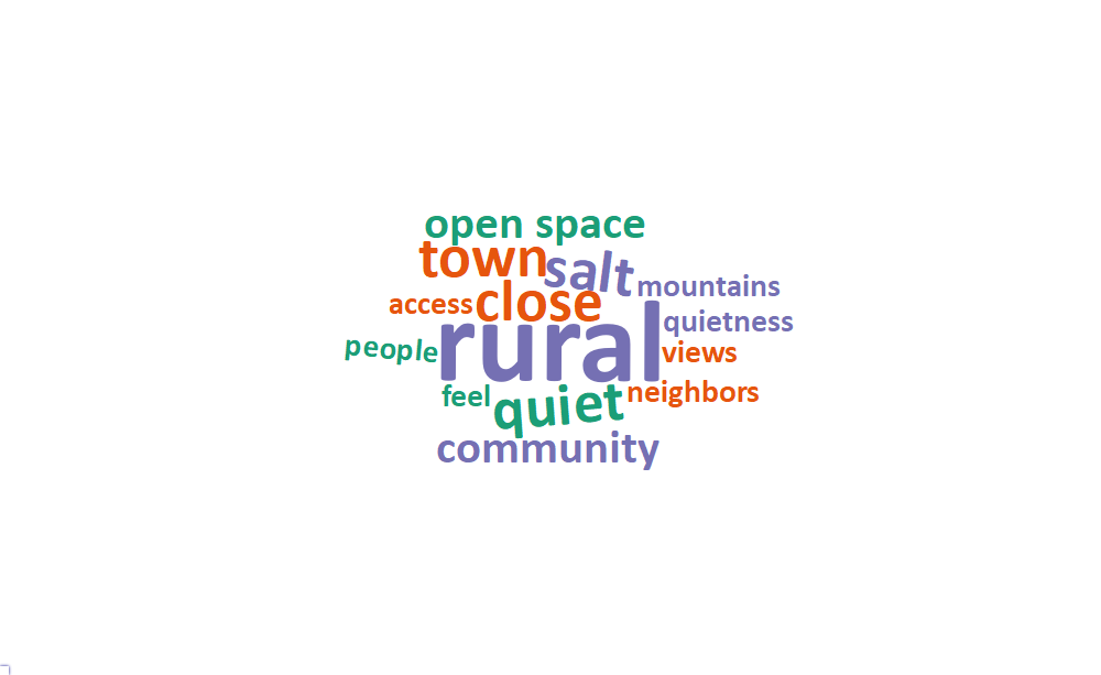 A word cloud of some of the most popular words and phrases about what people value living in Lake Point includes: rural, close, quiet, salt, town, open space, community, access, feel, mountains, neighbors, people, quietness, and views.
