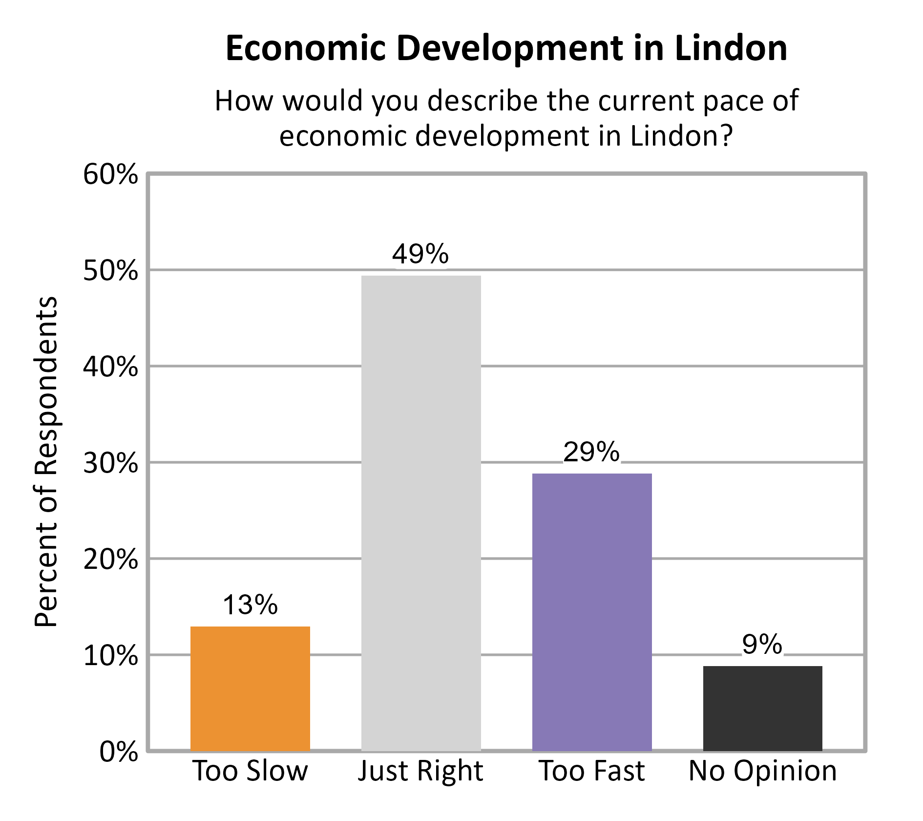 Bar Chart. Title: Economic Development in Lindon. Subtitle: How would you describe the current pace of economic development in Lindon? Data — Too Slow: 13% of respondents; Just Right: 49% of respondents; Too Fast: 29% of respondents; No Opinion: 9% of respondents