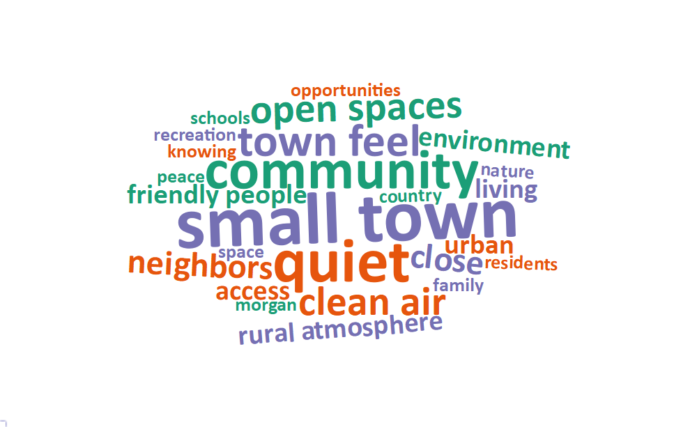 A word cloud of some of the most popular words and phrases about what people value living in Morgan includes: small town, quiet, community, town feel, clean air, open spaces, close, neighbors, friendly people, rural atmosphere, access, environment, living, and urban.