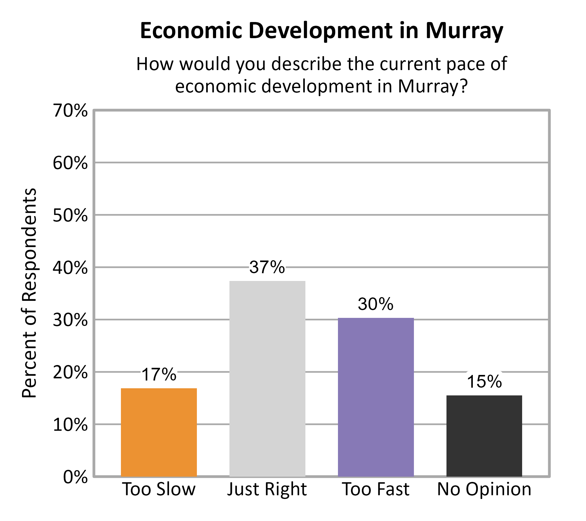 Bar Chart. Title: Economic Development in Murray. Subtitle: How would you describe the current pace of economic development in Murray? Data — Too Slow: 17% of respondents; Just Right: 37% of respondents; Too Fast: 30% of respondents; No Opinion: 15% of respondents