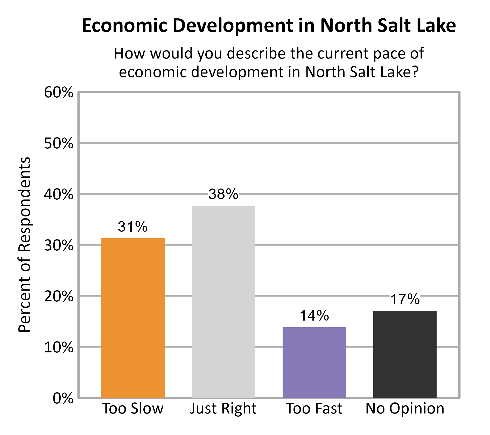 Bar Chart. Title: Economic Development in North Salt Lake. Subtitle: How would you describe the current pace of economic development in North Salt Lake? Data — Too Slow: 31% of respondents; Just Right: 38% of respondents; Too Fast: 14% of respondents; No Opinion: 17% of respondents
