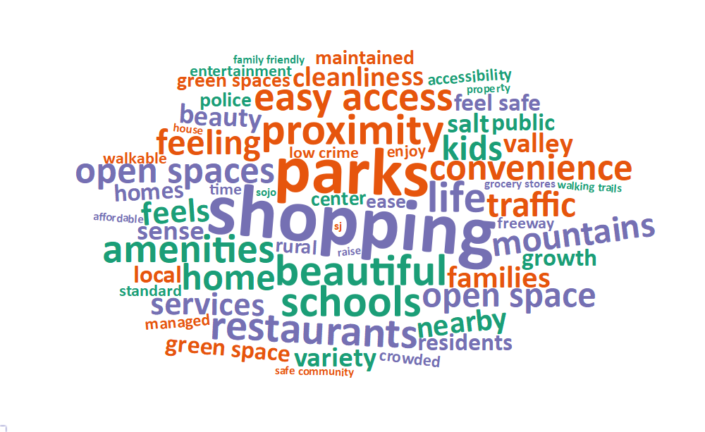 A word cloud of some of the most popular words and phrases about what people value living in South Jordan includes: shopping, parks, beautiful, life, proximity, schools, restaurants, easy access, amenities, open spaces, convenience, and home.