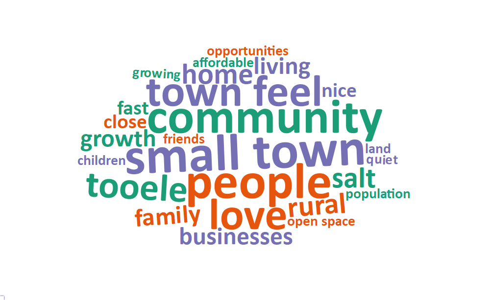 A word cloud of some of the most popular words and phrases about what people value living in Tooele includes: small town, people, community, town feel, love, tooele, home, rural, salt, businesses, family, growth, and living.