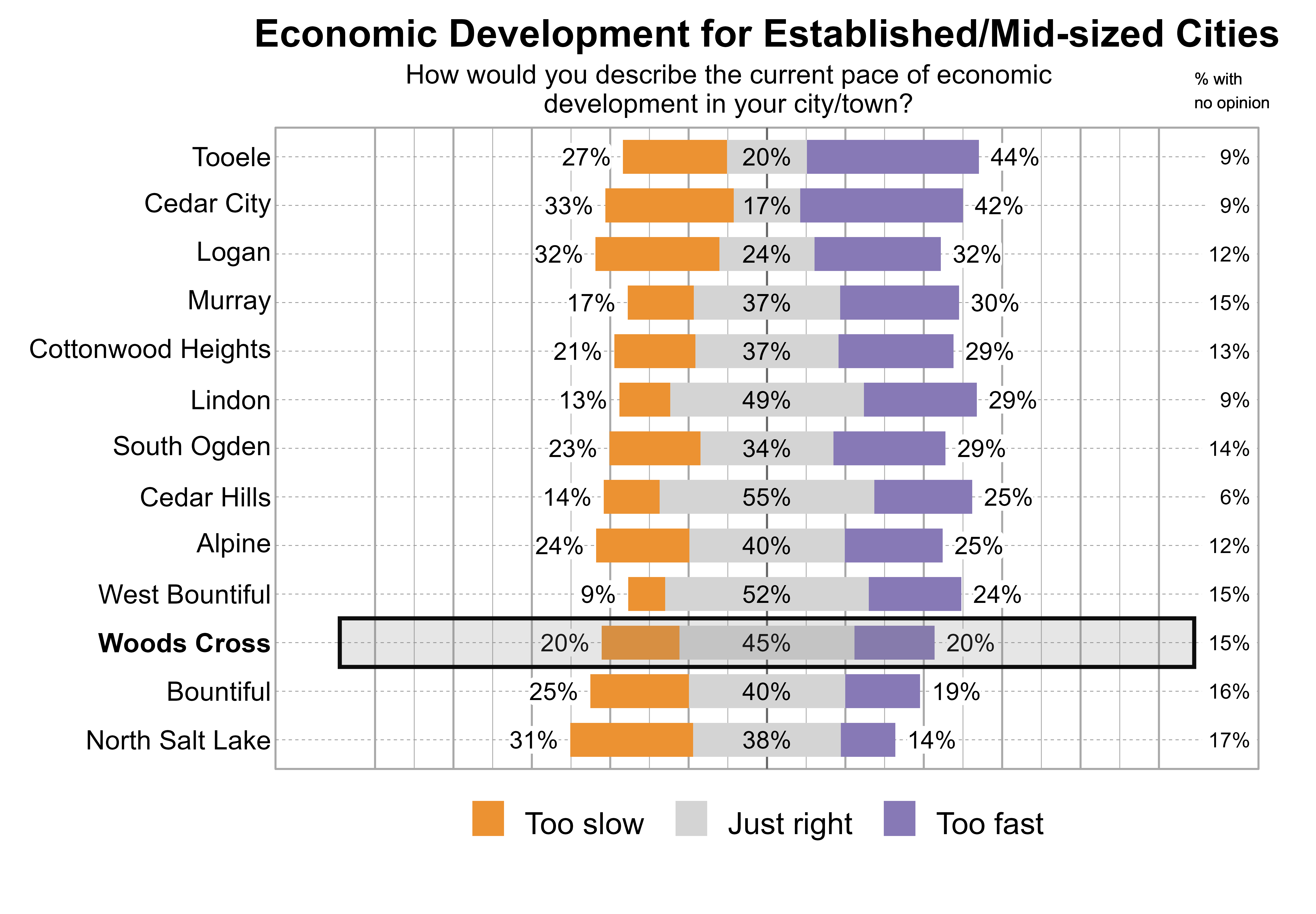 Likert Graph. Title: Economic Development for Established/Mid-sized Cities. Subtitle: How would you describe the current pace of economic development in your city/town? Data — City: Tooele - 27% of respondents indicated that it was too slow, 20% just right, 44% too fast, and 9% had no opinion; City: Cedar City - 33% of respondents indicated that it was too slow, 17% just right, 42% too fast, and 9% had no opinion; City: Logan - 32% of respondents indicated that it was too slow, 24% just right, 32% too fast, and 12% had no opinion; City: Murray - 17% of respondents indicated that it was too slow, 37% just right, 30% too fast, and 15% had no opinion; City: Cottonwood Heights - 21% of respondents indicated that it was too slow, 37% just right, 29% too fast, and 13% had no opinion; City: Lindon - 13% of respondents indicated that it was too slow, 49% just right, 29% too fast, and 9% had no opinion; City: South Ogden - 23% of respondents indicated that it was too slow, 34% just right, 29% too fast, and 14% had no opinion; City: Cedar Hills - 14% of respondents indicated that it was too slow, 55% just right, 25% too fast, and 6% had no opinion; City: Alpine - 24% of respondents indicated that it was too slow, 40% just right, 25% too fast, and 12% had no opinion; City: West Bountiful - 9% of respondents indicated that it was too slow, 52% just right, 24% too fast, and 15% had no opinion; City: Woods Cross - 20% of respondents indicated that it was too slow, 45% just right, 20% too fast, and 15% had no opinion; City: Bountiful - 25% of respondents indicated that it was too slow, 40% just right, 19% too fast, and 16% had no opinion; City: North Salt Lake - 31% of respondents indicated that it was too slow, 38% just right, 14% too fast, and 17% had no opinion