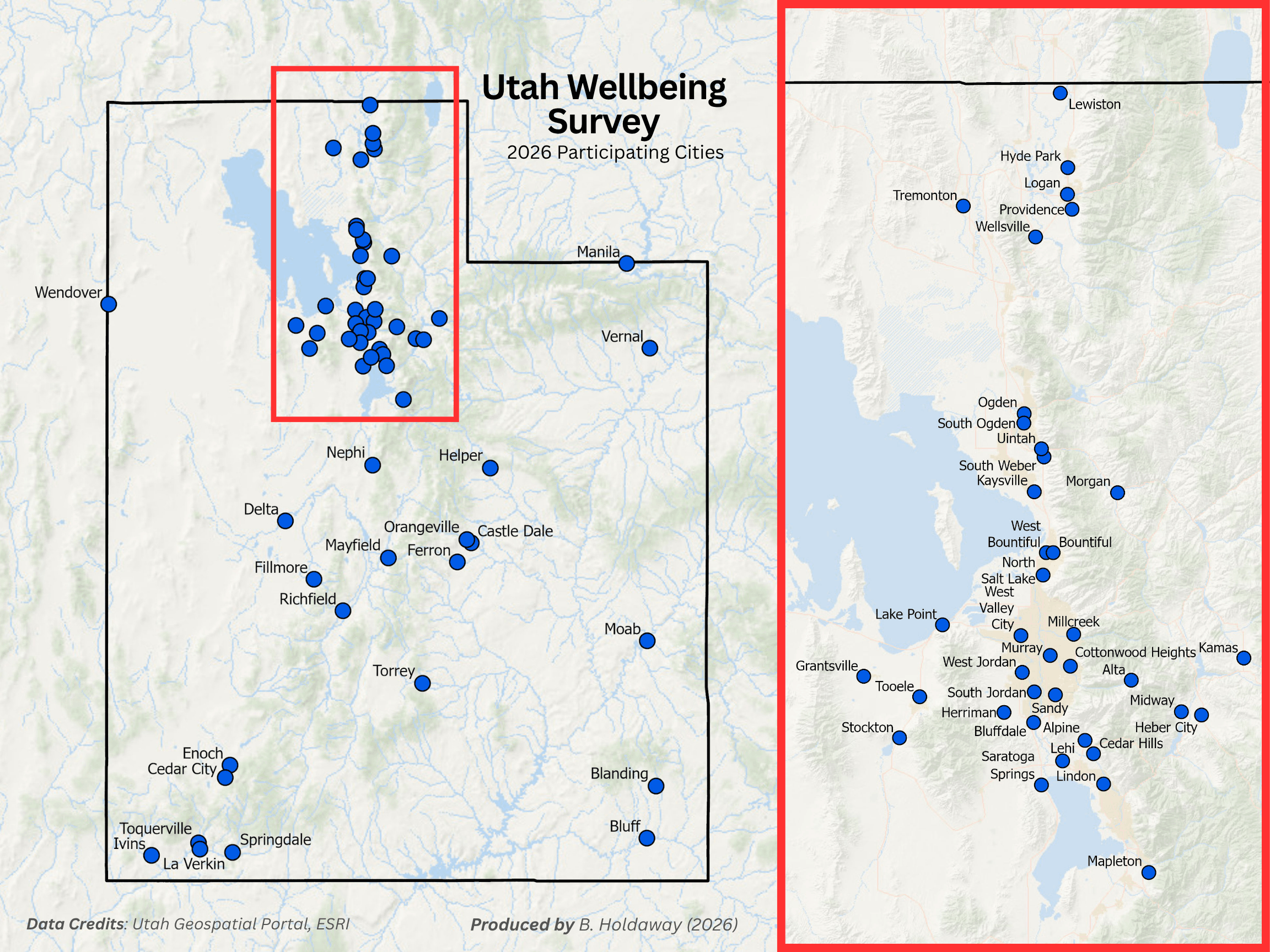 Participating 2026 Cities: Alpine, Alta, Blanding, Bluff, Bluffdale, Bountiful, Castle Dale, Cedar City, Cedar Hills, Cottonwood Heights, Delta, Eagle Mountain, Enoch, Grantsville, Heber, Herriman, Ivins, Kamas, Kaysville, La Verkin, Lake Point, Lehi, Lewiston, Lindon, Logan, Manila, Mapleton, Midway, Millcreek, Moab, Morgan, Murray, Nephi, North Salt Lake, Ogden, Orangeville, Providence, Richfield, Sandy, Saratoga Springs, South Jordan, South Ogden, South Weber, Springdale, Stockton, Tooele, Toquerville, Tremonton, Uintah City, Vernal, Wellsville, Wendover, West Bountiful, West Jordan, West Valley City, and Woods Cross