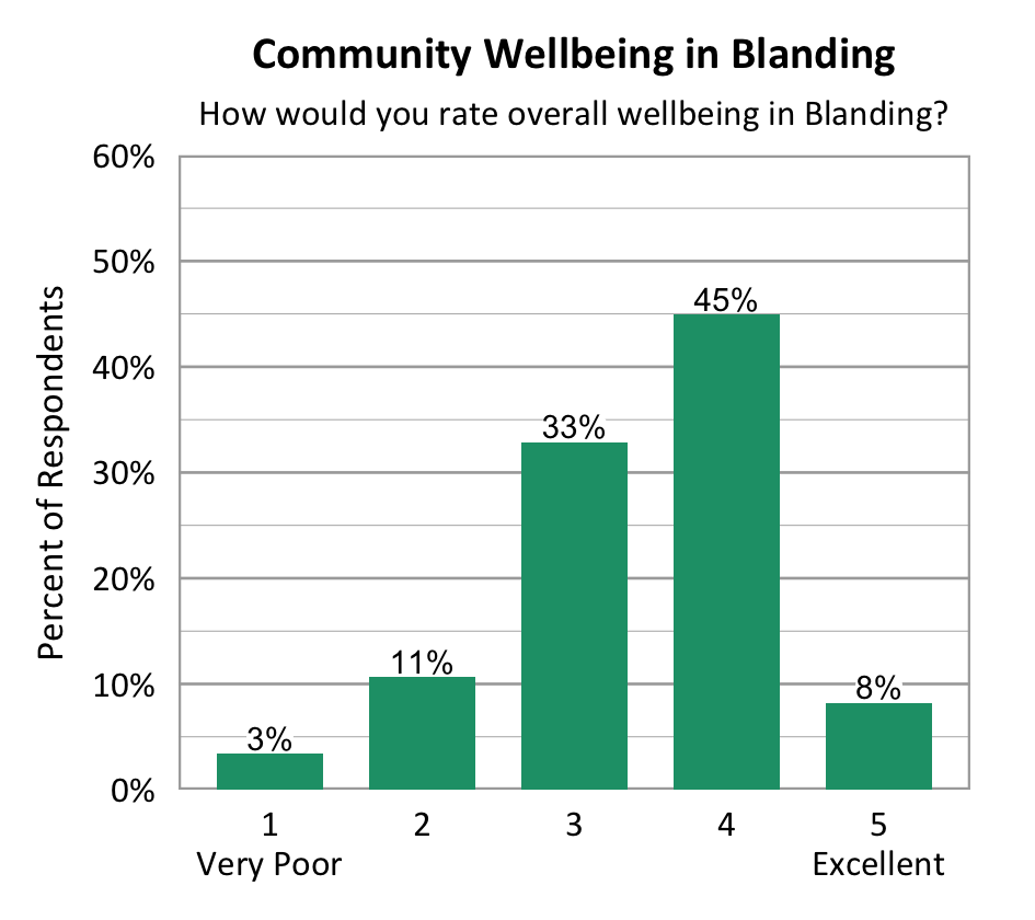 Bar Chart. Title: Community Wellbeing in Blanding. Subtitle: How would you rate overall wellbeing in Blanding? Data - 1 Very Poor: 3% of respondents; 2: 11% of respondents; 3: 33% of respondents; 4: 45% of respondents; 5 Excellent: 8% of respondents