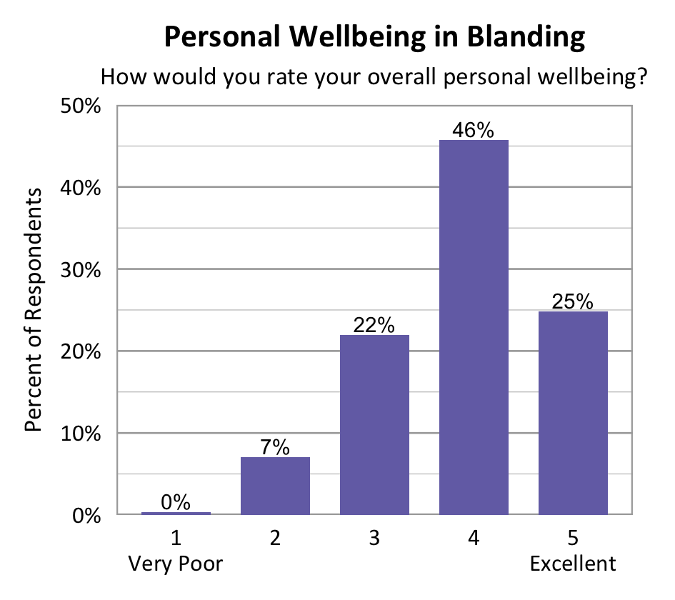 Bar chart. Title: Personal Wellbeing in Blanding. Subtitle: How would you rate your overall personal wellbeing? Data - 1 Very Poor: 0% of respondents; 2: 7% of respondents; 3: 22% of respondents; 4: 46% of respondents; 5 Excellent: 25% of respondents