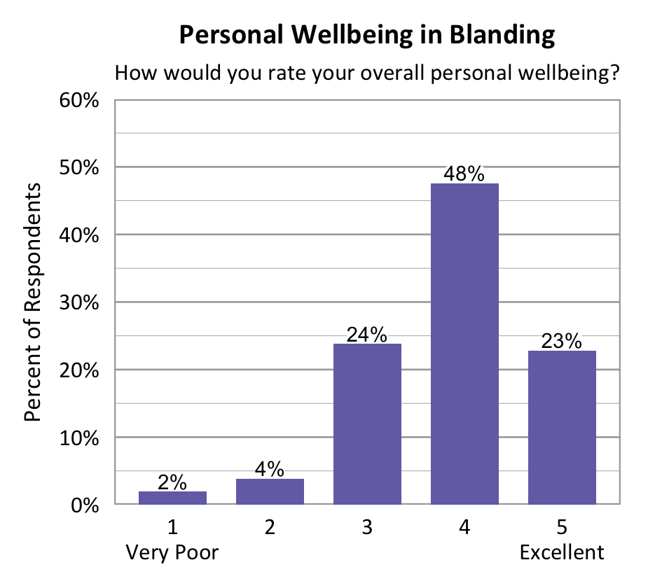 Bar chart. Title: Personal Wellbeing in Blanding. Subtitle: How would you rate your overall personal wellbeing? Data - 1 Very Poor: 2% of respondents; 2: 4% of respondents; 3: 24% of respondents; 4: 48% of respondents; 5 Excellent: 23% of respondents