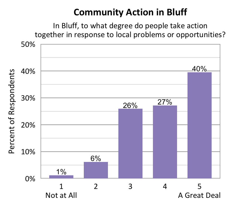 Bar chart. Title: Community Action in Bluff. Subtitle: In Bluff, to what degree do people take action together in response to local problems or opportunities? Data - 1 Not at All: 1% of respondents; 2: 6% of respondents; 3: 26% of respondents; 4: 27% of respondents; 5 A Great Deal: 40% of respondents