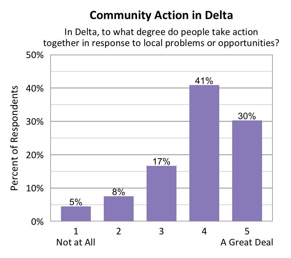 Bar chart. Title: Community Action in Delta. Subtitle: In Delta, to what degree do people take action together in response to local problems or opportunities? Data - 1 Not at All: 5% of respondents; 2: 8% of respondents; 3: 17% of respondents; 4: 41% of respondents; 5 A Great Deal: 30% of respondents