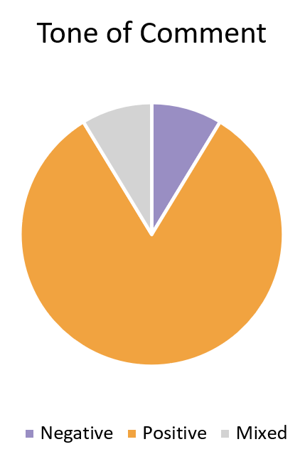 Pie Chart. Title: Tone of Comment. Data: 19 positive comments, 2 negative comments, 2 mixed comments