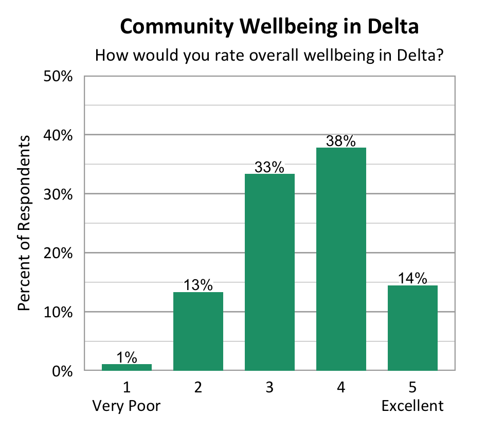 Bar Chart. Title: Community Wellbeing in Delta. Subtitle: How would you rate overall wellbeing in Delta? Data - 1 Very Poor: 1% of respondents; 2: 13% of respondents; 3: 33% of respondents; 4: 38% of respondents; 5 Excellent: 14% of respondents