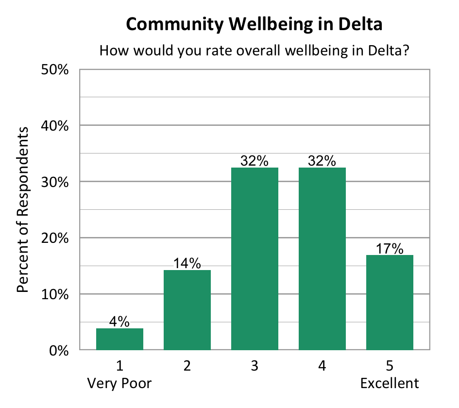 Bar Chart. Title: Community Wellbeing in Delta. Subtitle: How would you rate overall wellbeing in Delta? Data - 1 Very Poor: 4% of respondents; 2: 14% of respondents; 3: 32% of respondents; 4: 32% of respondents; 5 Excellent: 17% of respondents