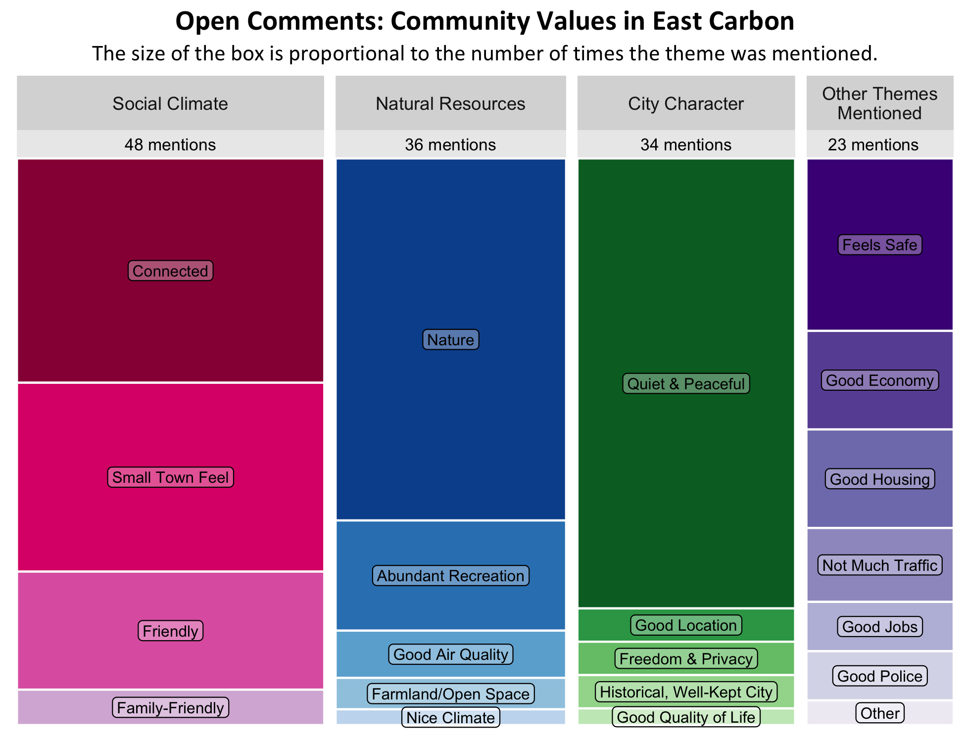 Type: Treemap Chart. Title: Open Comments: Community Values in East Draper. Subtitle: The size of the box is proportional to the number of times the theme was mentioned. Data –; Category: Social Climate- 48 mentions, boxes largest to smallest include Connected, Small Town Feel,  Friendly, family-friendly;  Category: City Character- 34 mentions, boxes largest to smallest include Quiet and Peaceful, Good Location, Freedom and Privacy, Historical/Well-Kept City, Good Quality of life ; Category: Natural Resources- 36 mentions, boxes largest to smallest include Nature, Abundant Recreation, Good Air Quality, Farmland/Open Space, Nice Climate;  Category: Other Themes Mentioned- 23 mentions, boxes largest to smallest include Feels safe, Good Economy,  Good Housing, Not much traffic, Good Jobs, Good Police, Other.  