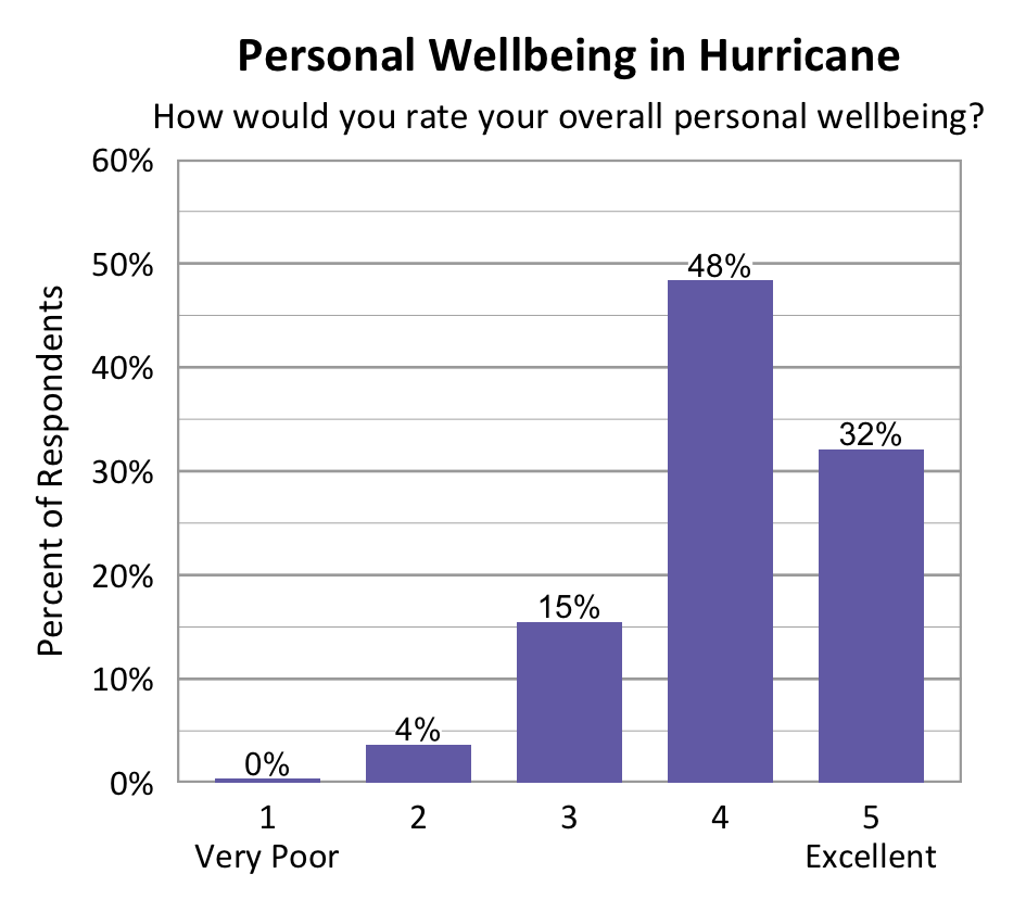 Bar chart. Title: Personal Wellbeing in Hurricane. Subtitle: How would you rate your overall personal wellbeing? Data - 1 Very Poor: 0% of respondents; 2: 4% of respondents; 3: 15% of respondents; 4: 48% of respondents; 5 Excellent: 32% of respondents.