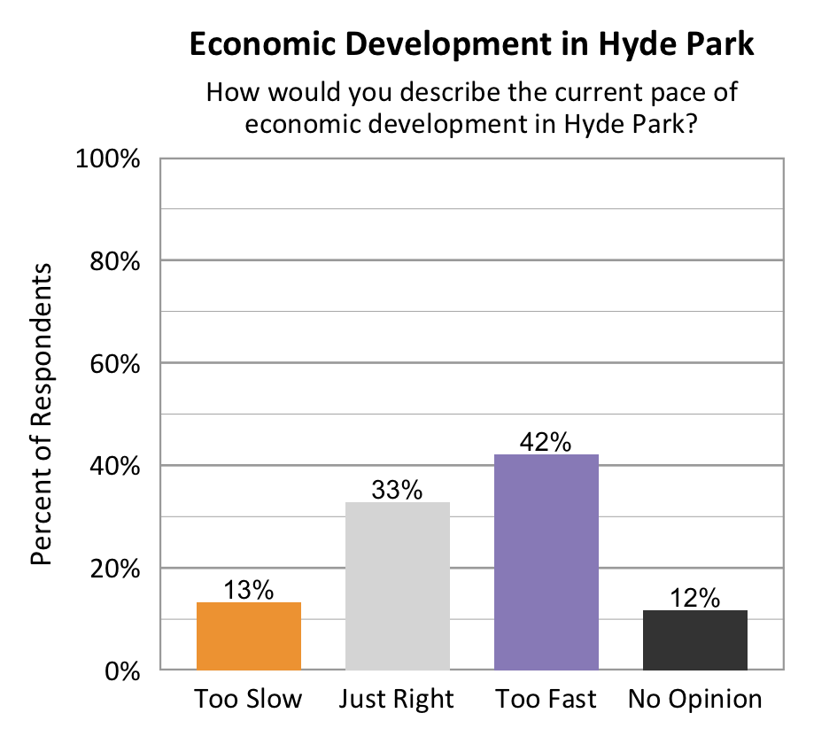Type: Bar graph. Title: Economic Development in Hyde Park. Subtitle: How would you describe the current pace of economic development in Hyde Park? Data – 13% of respondents rated too slow; 33% of respondents rated just right; 42% of respondents rated too fast; 12% of respondents rated no opinion. 
