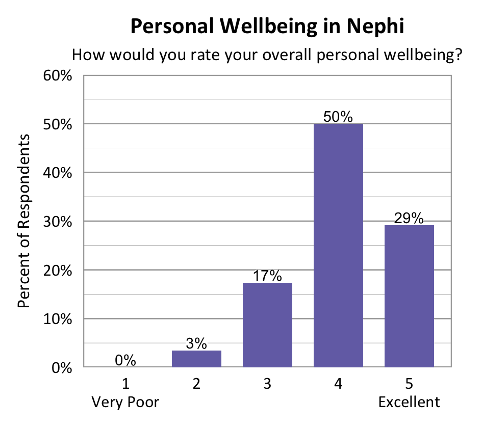 Bar chart. Title: Personal Wellbeing in Nephi Subtitle: How would you rate your overall personal wellbeing? Data - 1 Very Poor: 0% of respondents; 2: 3% of respondents; 3: 17% of respondents; 4: 50% of respondents; 5 Excellent: 29% of respondents.
