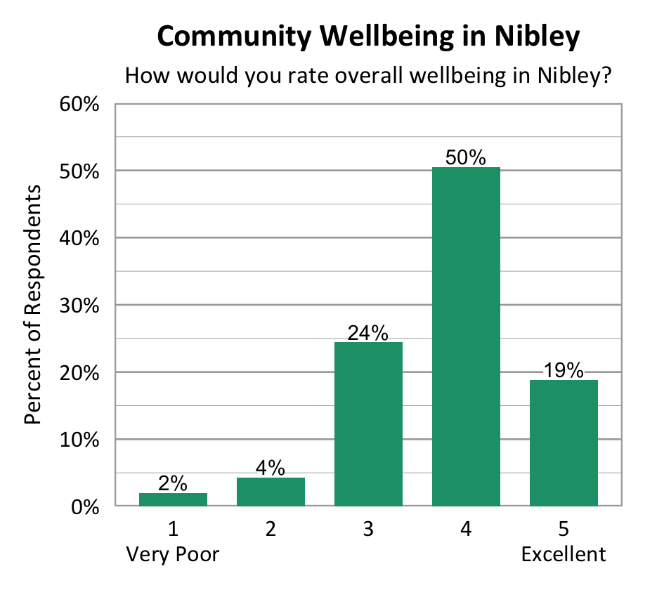 Bar Chart. Title: Community Wellbeing in Nibley. Subtitle: How would you rate overall wellbeing in Nibley? Data - 1 Very Poor: 2% of respondents; 2: 4% of respondents; 3: 24% of respondents; 4: 50% of respondents; 5 Excellent: 19% of respondents