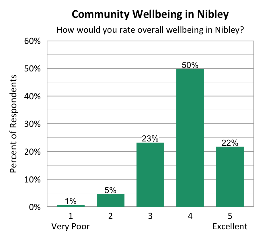 Bar Chart. Title: Community Wellbeing in Nibley. Subtitle: How would you rate overall wellbeing in Nibley? Data - 1 Very Poor: 1% of respondents; 2: 5% of respondents; 3: 23% of respondents; 4: 50% of respondents; 5 Excellent: 22% of respondents