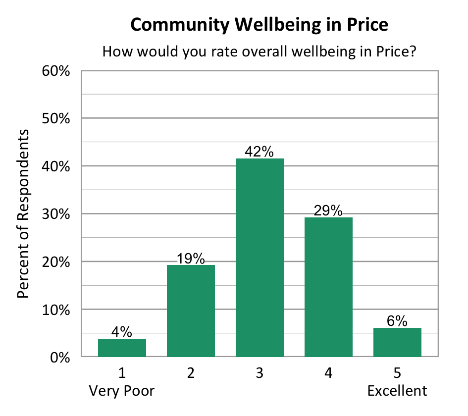 Bar Chart. Title: Community Wellbeing in Price. Subtitle: How would you rate overall wellbeing in Price? Data - 1 Very Poor: 4% of respondents; 2: 19% of respondents; 3: 42% of respondents; 4: 29% of respondents; 5 Excellent: 6% of respondents
