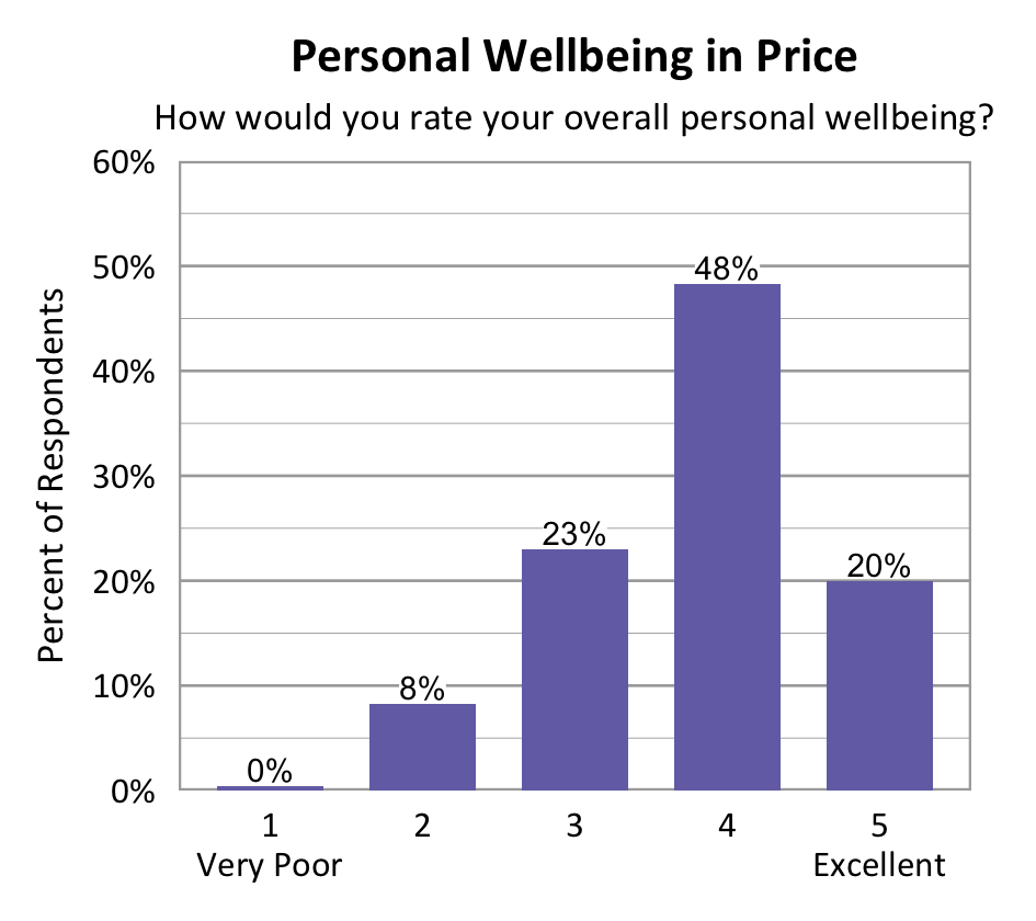 Bar chart. Title: Personal Wellbeing in Price Subtitle: How would you rate your overall personal wellbeing? Data - 1 Very Poor: 0% of respondents; 2: 8% of respondents; 3: 23% of respondents; 4: 48% of respondents; 5 Excellent: 20% of respondents.