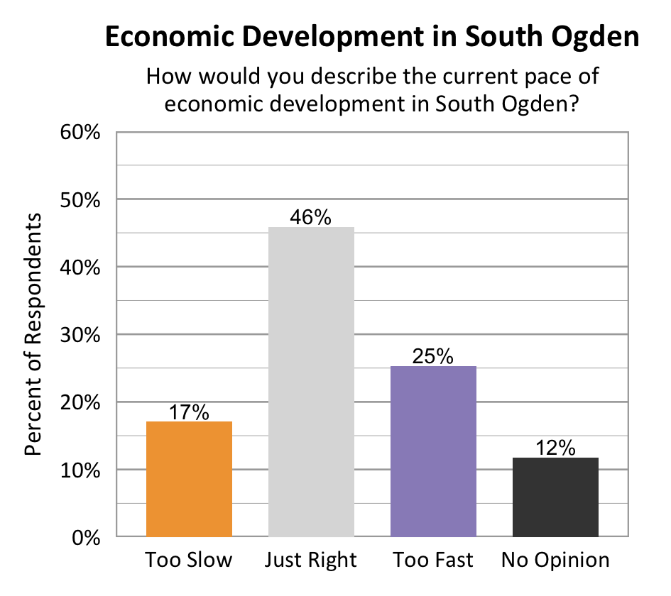 Type: Bar graph. Title: Economic Development in South Ogden. Subtitle: How would you describe the current pace of economic development in South Ogden? Data – 17% of respondents rated too slow; 46% of respondents rated just right; 25% of respondents rated too fast; 12% of respondents rated no opinion.