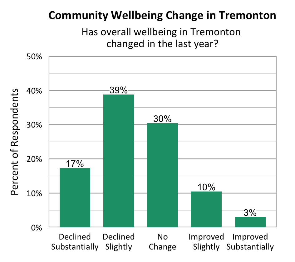 Bar Graph. Title: Community Wellbeing Change in Tremonton. Subtitle: Has overall wellbeing in Moab changed in the last year? Data – Declined Substantially: 17%; Declined slightly: 39%; No change: 30%; Improved slightly: 10%; Improved Substantially: 3%.